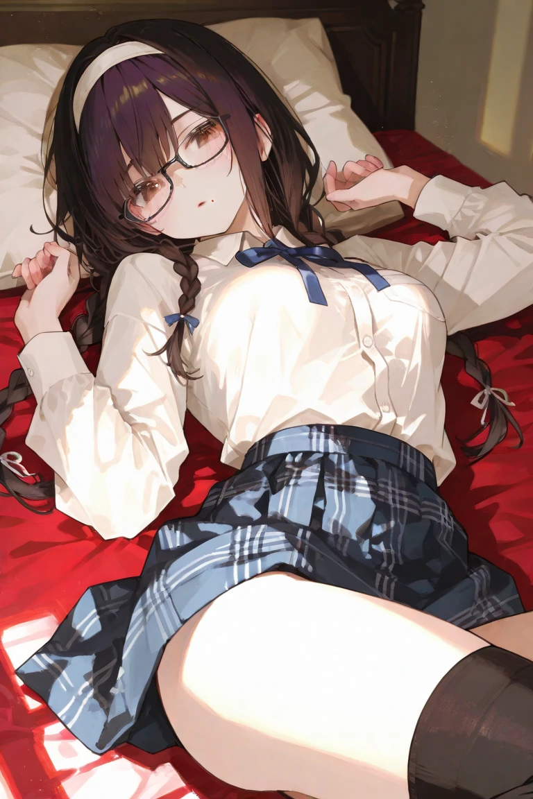 fellatio、school uniform, blazer、1人の女性、brown haired、Brown eyes、Black-rimmed glasses、 Best Quality、ultra-detailliert、8K resolution、Raw photo、masutepiece、gorgeous faces、Perfect body, thigh-high socks, missionary position,((1man and 1woman,having sex)),lying in bed,bird’s eye view, spread legs, legs up, open clothes,(presenting bra:1.2),navel,from front, (bare pussy:1.3), ,(pussy cutout:1.3),(open vagina, vivid pussy, high quality vagina),(love juice:1.4), wince, (orgasm:1.5),(panicking:1.4), Pleated skirt