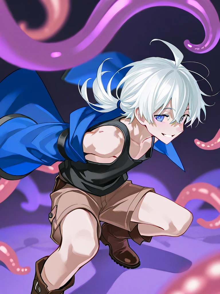 Masterpiece, high quality, absurd resolution, little wolf, shota, silver-gray fur, sky blue pupils, furry ears, fluffy tail, fluffy soft hair, purple tentacles, bound, struggling, drooling, sweating, shyness, panic, nakedness all over
