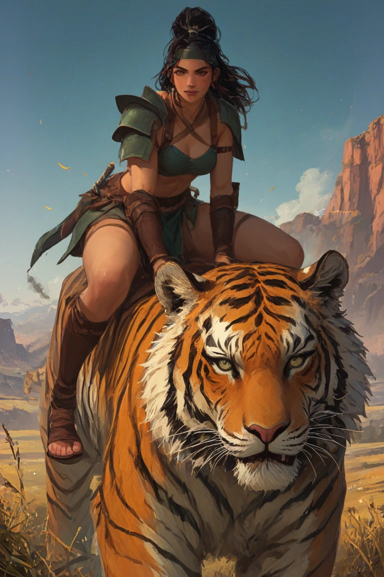 (masterpiece), (best quality), (ultra detailed), (cinematic lighting), (illustration), (a woman on a tiger ), mountain, full body, clear background, no watermark