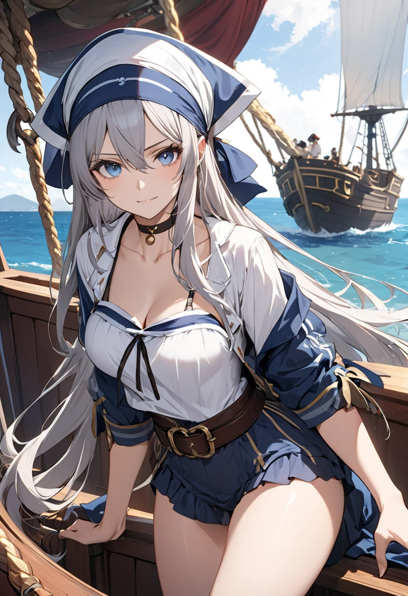 Atlas Fayon woman 25 years old, white hair with black stripes, blue eyes like sapphires,  white tiger ears, SMILE, blush, big breasts.  dressed as a pirate, pirate clothes, neckline,  background a pirate ship in the middle of the ocean.