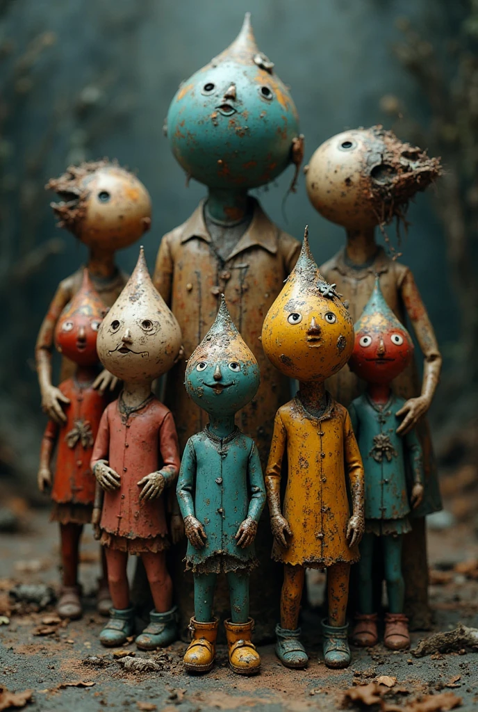scene of the last scene with the animated characters wearing costumes and sombreros from paran junto, Maquinarium Characters, Dot Pupils, Three Eyes, Six Little Nightmares, 3 Heads, Three Heads, Creepy Smiles, Three Eyes, Gloomy, And Inmun, by Tadeusz Brzozowski , pocos globos oculares, horripilante!!, Arte conceptual post-grunge
