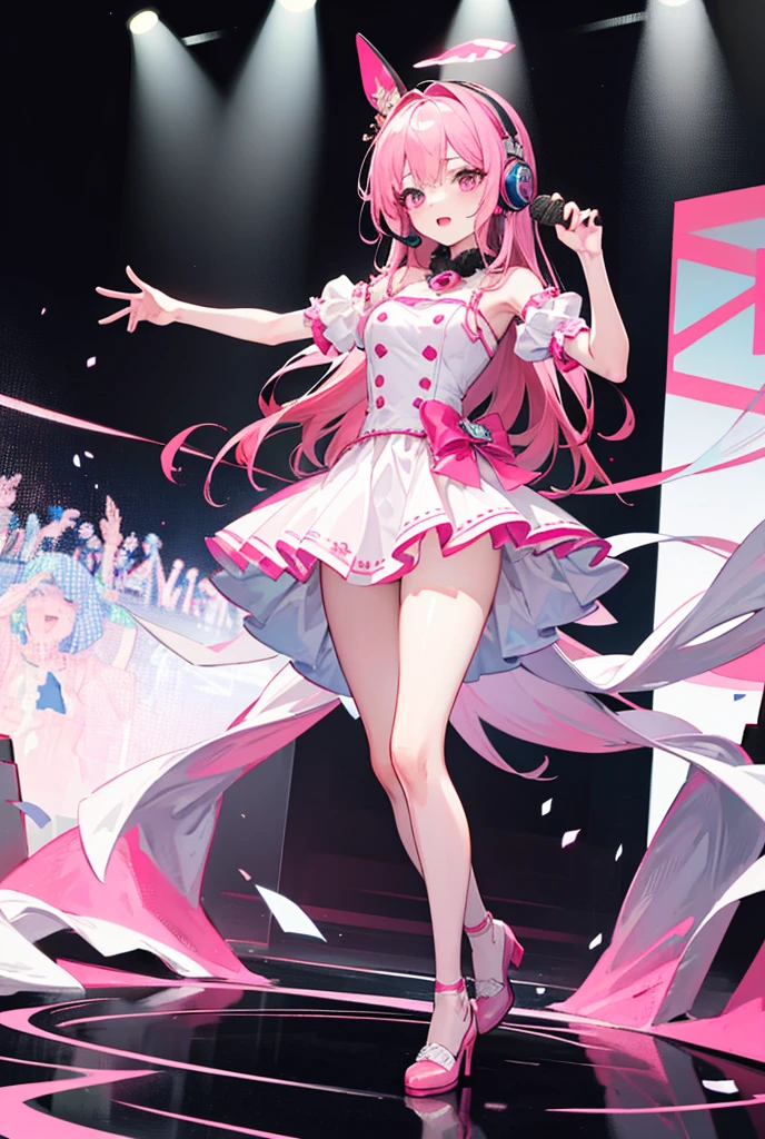best qualtiy, Full body like,Refined face,White-haired loli,Slim body,Smaller bust,White crop top T-shirt,Waist pink,Stand tall, --auto