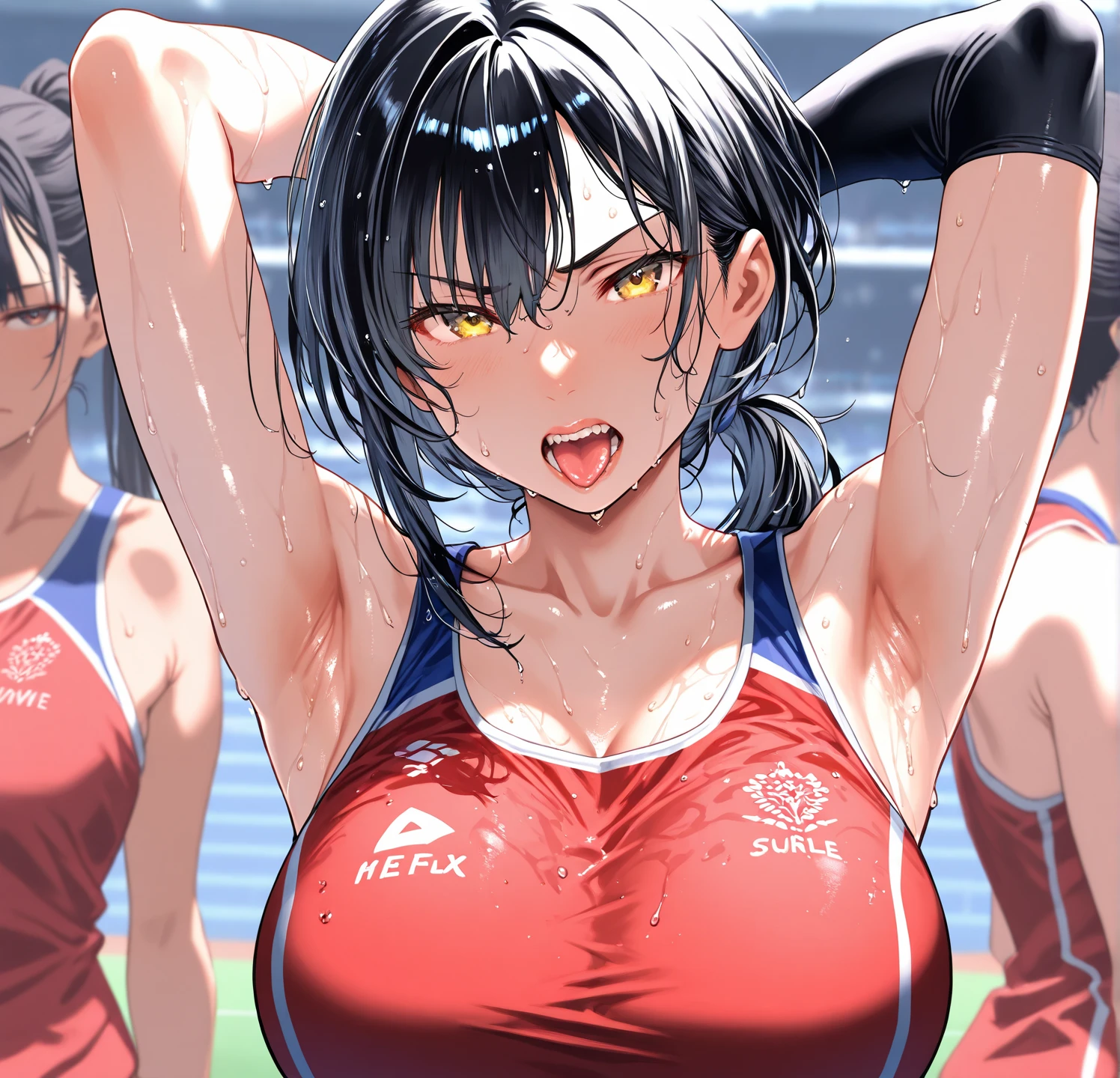 profetional lighting、pretty skin、Her eyes shone like dreamy stars(radiant eyes:1.233)、[[Delicate fingers and hands:0.55]::0.85]、(detail finger)、(((in 8K, Raw photo, Best Quality))), disheveled hair、Glossy hair、shinny skin、Curvaceous but slender、Female Martial Artist、Beautiful back line、Above the ring、well-muscled、A lively punch、Vantage、Lightspeed punch at the photographer、Large crowd、Battle Scenes、Splattering sweat、One Hit、A shot of enthusiasm、Roaring and delivering powerful punches、clenching teeth、short-haired、poneyTail、colourfull、ornament detached、accessorized、sports wear、Transverse breasts、Fighter、fighting poses、champion、Separate Wear、short pants、Kungfu、Muay Thai