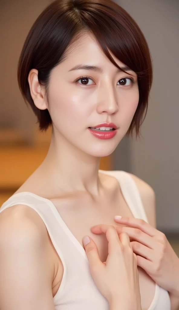 (Completely naked:1.4), (nipple:1.4), (8k, highest quality, masterpiece:1.3, 超A high resolution, Surreal), Attention to detail, (Lifelike face), Photorealistic, Raw photo, ((Beautiful woman)), Detailed face, beautiful eyes, Realistic eyes, Eyes in beautiful Details, (real skin), beautiful skins, attractive, Depth of written boundary, High resolution, High pixel count, ((profile, avert your eyes, Don't look the audience in the eye, Don't look at the camera)), Stylish cafe, The background is also shown in the photo., Clear Details, Clear photos, Natural color reproduction, noise reduction, High fidelity, Small silver-colored pendant, Small silver-colored necklace, Sexy lips, I can see the ears, Laughter, A kind smile, beautiful skins, attractive, Golden Ratio, (Detail Makeup:1.2), Professional Lighting, Facial lighting, The best light, Japanese, Japanese women, japanese mature, Mature Woman, Short Bob Hair, ((60 years old, beautiful, Facial wrinkles, Wrinkles around the eyes, Nasolabial folds, Small wrinkles, beautiful, beautiful Aunt, Medium mole, Small mole on face))