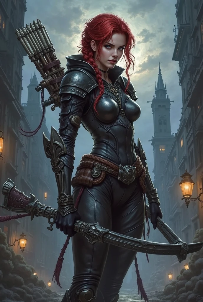 Generate a stunning art style, a true [masterpiece] [best quality] of art. The image showcases [detailed linework], [dynamic shading], and [dramatic lighting], bringing to life a [dreading atmosphere, grim dark coloures] . In the background a [gothic hive spire city, warhammer 40k] is to be seen in [grand:1.8, high-scale:1.8, panorama:1.8]  from  [from below].
A wych , solo:1.3 is [full body view, standing, from above ] in front of the edge of a tower. She is holding a [spear in her righthand]. She is wearing a [stunning full armor, intricate ornamented black metallic armor] with [topknot, red hair, pale skin, blood on weapon, evil smile] .
<lora:more_details:1>  <lora:Wych MK1.A by CARAXES:0.7>