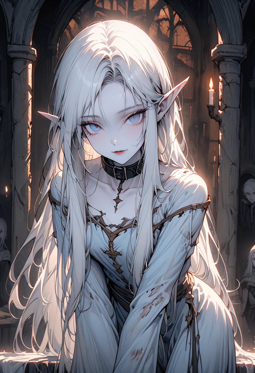 solo, female, cowboy shot, elf, pointed ears, pale skin, white hair, collar, tall, ethereal beauty, slender, lithe frame, long straight hair, cold blue eyes, serene elegance, haunted expression, fragile appearance, quiet dignity, medieval, simple tattered clothes, calm, warm light, looking at viewer