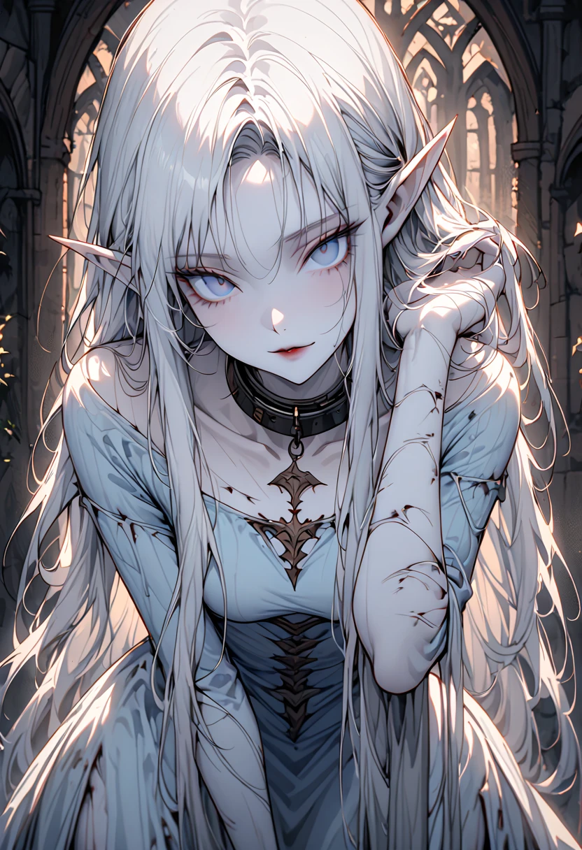Blind woman white eyes anime, slave, wound, enslaved, with chains