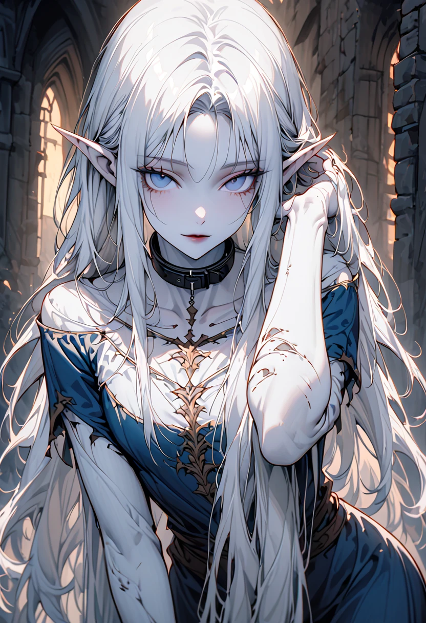 solo, female, cowboy shot, elf, pointed ears, pale skin, hundreds of tiny pinprick scars on face, scarified, tiny facial scars, white hair, collar, tall, ethereal beauty, slender, lithe frame, long hair, cold blue eyes, serene elegance, haunted expression, fragile appearance, quiet dignity, medieval, tattered clothes, calm, warm light, looking at viewer, unimpressed