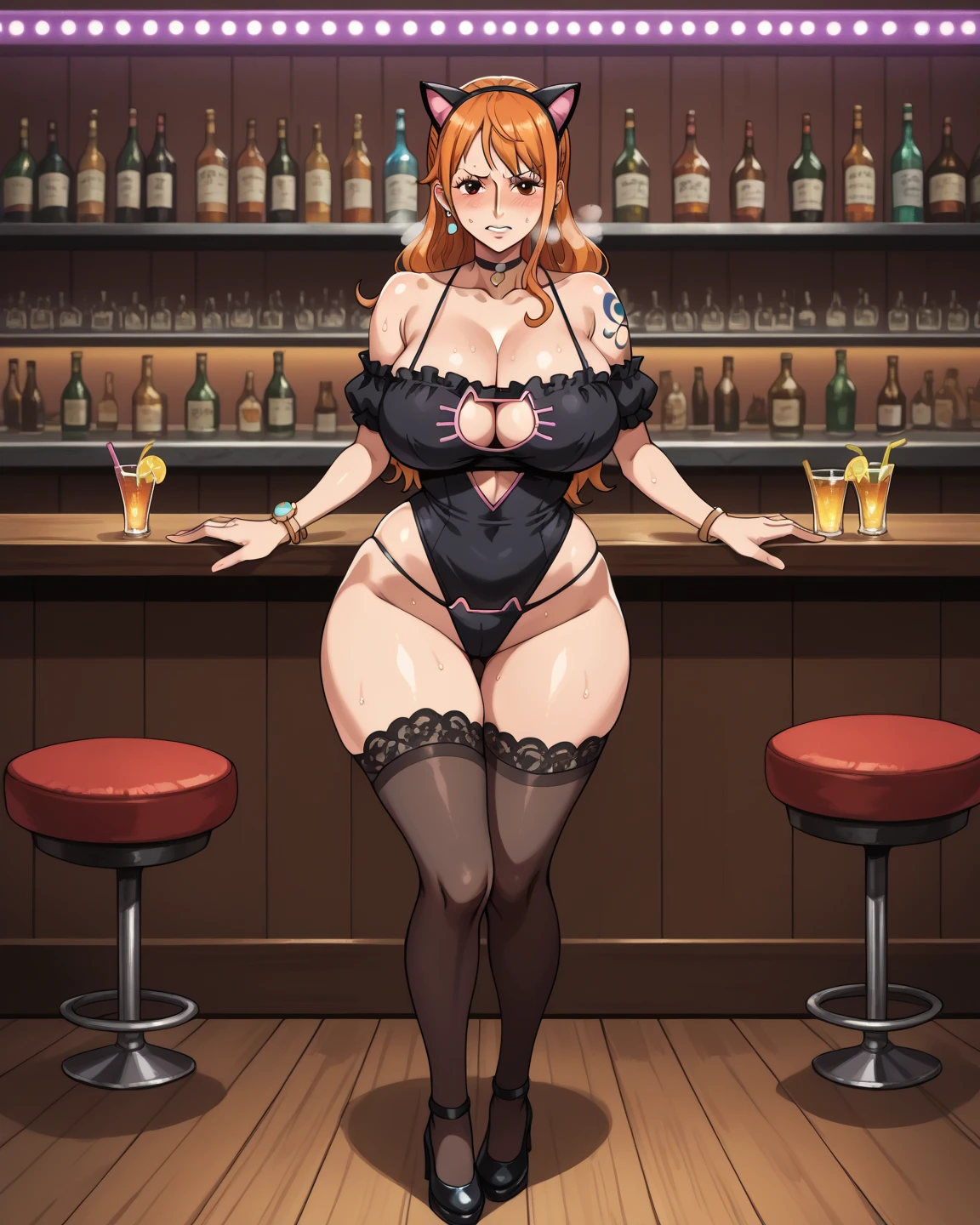 (masterpiece) best quality ultra-detailed CG NVIDIA RTX 3060 wallpaper, (1 girl) with beautiful features and a stunning orange and white hairstyle. Her thicc thighs and huge breasts peek out under her casual clothes as she enjoys coffee at the cafeteria.