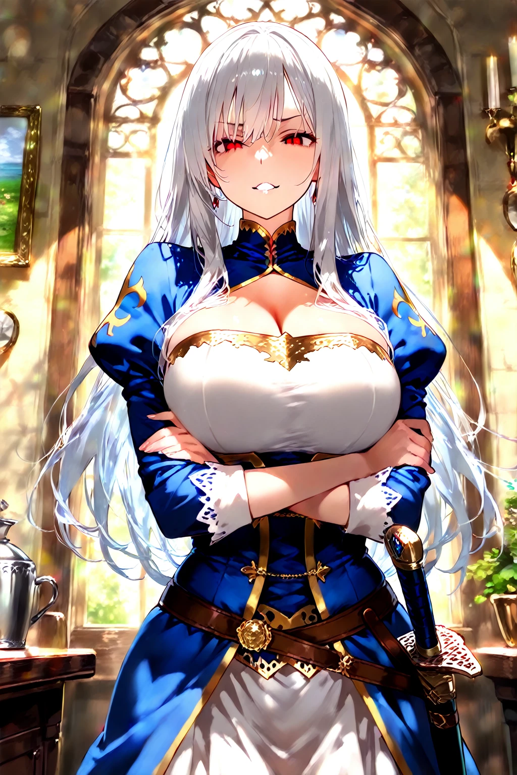 (top-quality、tmasterpiece、Very high resolution、super high image quality、High-quality pixels)、perfect eyes, perfect face, solo,8K, large breast,(Detailed description of hair), (Detailed description of face),(Detailed description of body), fair and clear skin, matchless beauty, long legged, (30 years old),facing the audience, professional photographic lighting,dark blue miao clothes,detailed light red eyeballs, silver hair,cowbody shot,ponytail,bangs,headwear,miao silver crown, small closed-mouth ssmile