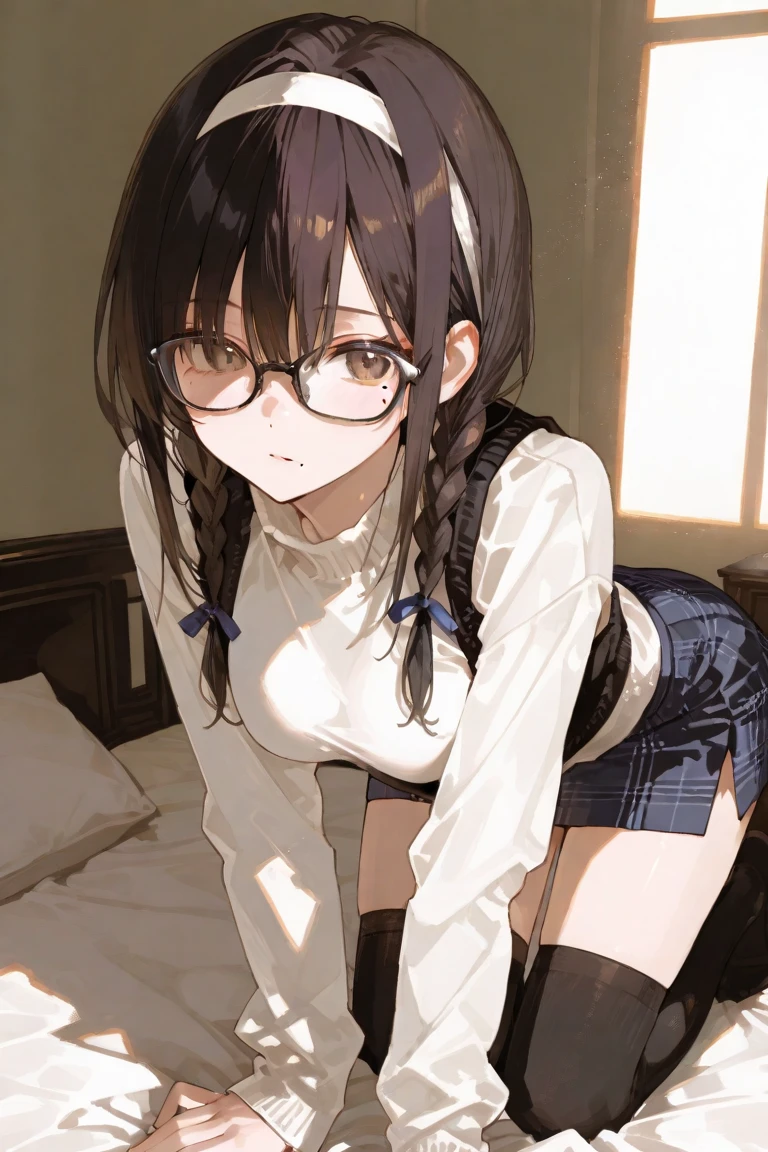 (Ultra-high resolution of the highest quality, masutepiece, Best Quality, 8K, Super Detail, Best Quality:1.3), (Anatomically correct:1.2), (1 girl:1.2), (junior high school student:1.6), (middle breasts:1.2), (drooping eyes:1.3), (blush cheek, blush body:1.3), (wavy hair, braid hair:1.2), (long hair:1.2), (black hair:1.2), (cat ear band:1.4), (glasses:1.3), (collar:1.3), (printed t-shirt, skirt:1.6), (girl's own room:1.4), front view, Extremely cute, (extremely detailed beautiful face), Authentic skin texture, beautiful hair, beautiful face, beautiful eyes, beautiful body, beautiful hands, (sexual aroused, naughty face, seductive smile, trance, orgasm:1.8), (steam:1.4), (sweat:1.6), (hair over eyes:1.3), (looking up:1.3), (open mouth:1.4), (face focus:1.6), cleavage breasts focus, (from above:1.4), (all fours:1.6)