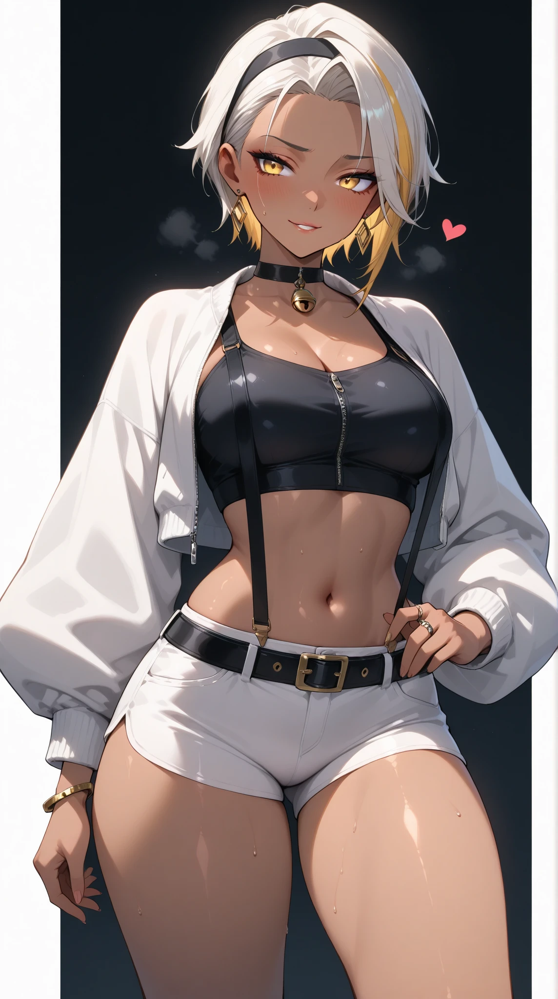 masterpiece、highest quality、1 girl、solo、Debdia、eyepatch、muscular woman、dark skin woman、big breasts、cleavage、crop top、white pants、bandage