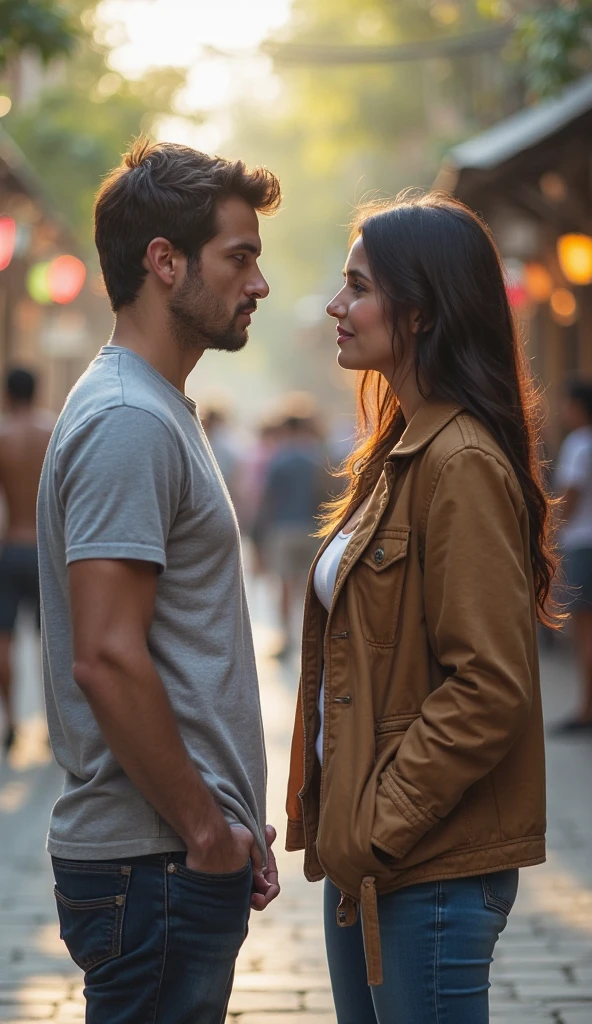 A man and a woman say goodbye at a bus stop