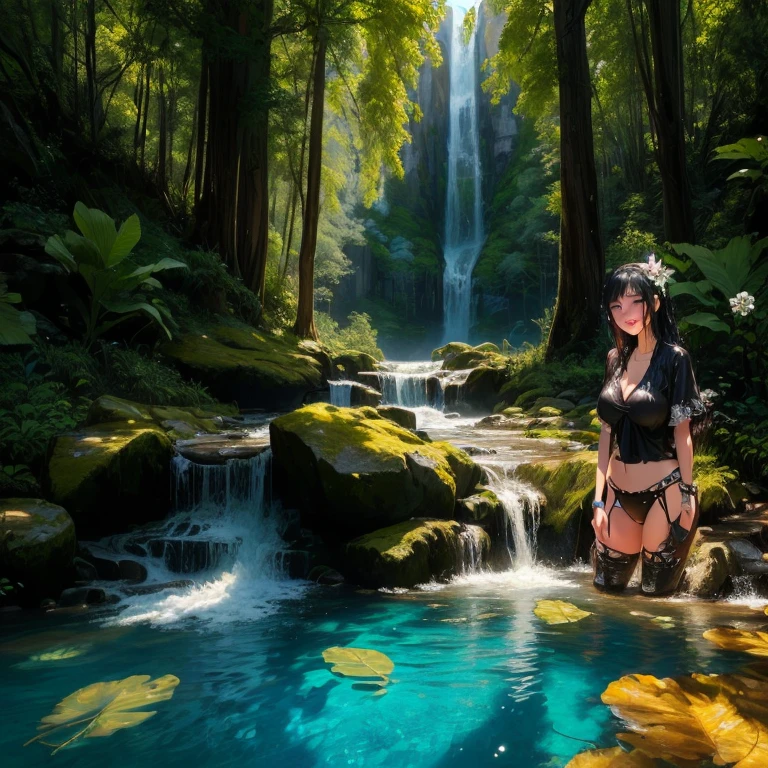 (((highest quality、masterpiece、very high resolution))),(There is a woman with perfect and ultimate beauty..,beautiful figure,beautiful face,beautiful skin,beautiful breasts,Well-formed eyes and nose)、(Beautiful breasts with a slender body shape:F cup,best hair texture,Best skin texture,realistic textured skin:1.5)、((elegant bikini:floral and colorful,sexy bikini swimsuit)),(Fantastic waterside,There is a waterfall,Night cherry blossoms and lanterns,mysterious night sky、beautiful scenery),(water play,beautiful pose,model shoot,Hair flutters under the influence of the wind),(realistic portrait,bijinga,highly detailed images、accurate image、Perfect Image 1.5)、beautiful anime woman, beautiful art style, anime character、Overall image、accurate anatomy、Image without defects、natural soft light、beautiful images、(best shot,RAW photo)