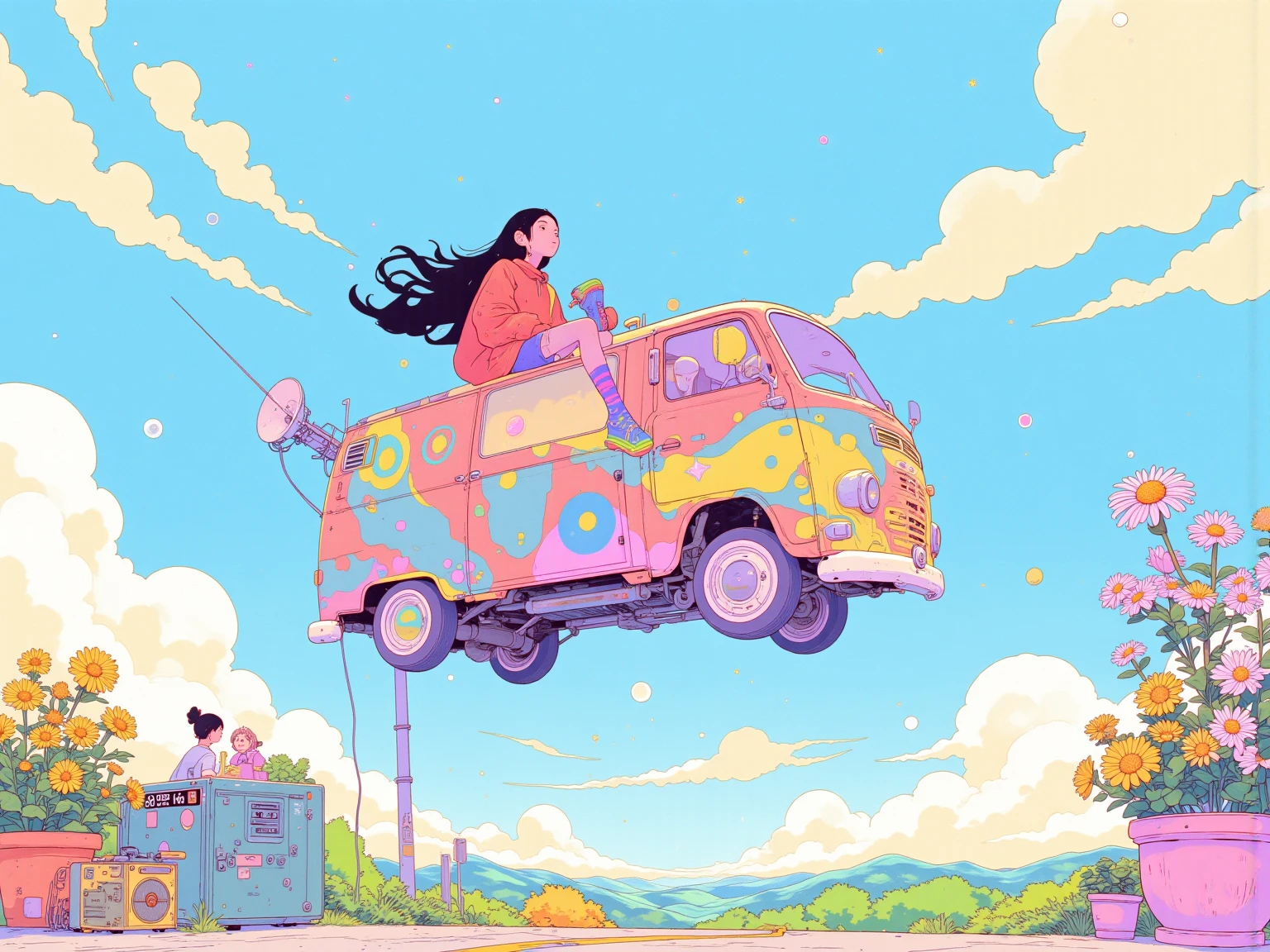  long young woman , A woman with flowing black hair sits on a colorful van, Staring at the Sky,Flying van,She's in a red oversized sweatshirt and rainbow-patterned socks,Her flowing black hair contrasts with the clear blue sky,abstract patterns are drawn on the side of the van,plants blooming in pots,  satellite antennas , vintage radio,clothes create a whimsical atmosphere of the scene, doodle,graffiti,of a girl on a bus with the sky in the background,comets flowing across the blue sky,there are various objects that cast magic on the quiet atmosphere,around her, Dreamlike quality, ANIME SCENE, So Unreal, colorful cartoon illustration , atey ghailan 8 k,Lofi Artstyle, Lofi Art, Colorful Animated Movie Backgrounds, dreamy psychedelic anime, loffy girl, 