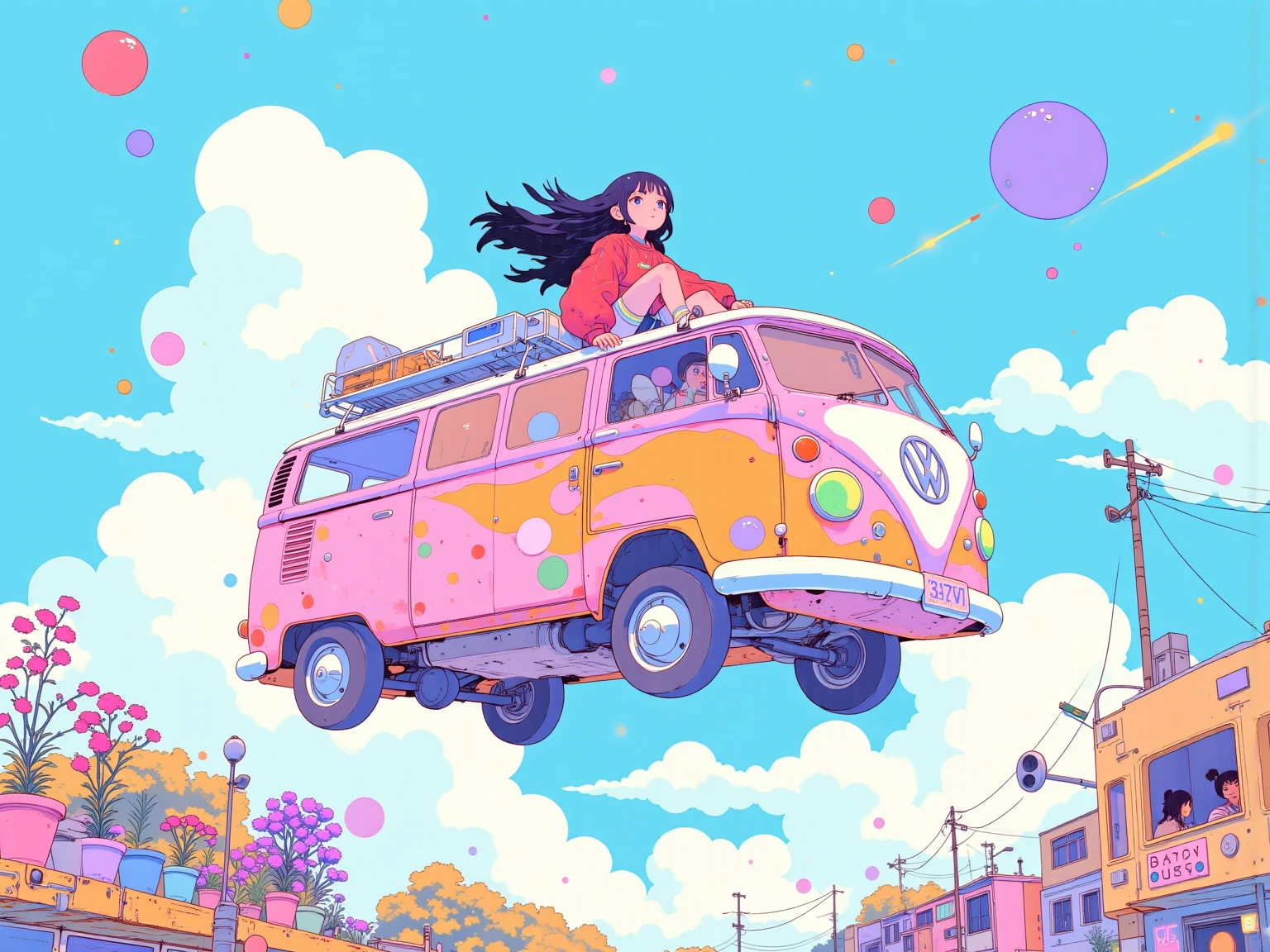  long young woman , A woman with flowing black hair sits on a colorful van, Staring at the Sky,Flying van,She's in a red oversized sweatshirt and rainbow-patterned socks,Her flowing black hair contrasts with the clear blue sky,abstract patterns are drawn on the side of the van,plants blooming in pots,  satellite antennas , vintage radio,clothes create a whimsical atmosphere of the scene, doodle,graffiti,of a girl on a bus with the sky in the background,comets flowing across the blue sky,there are various objects that cast magic on the quiet atmosphere,around her, Dreamlike quality, ANIME SCENE, So Unreal, colorful cartoon illustration , atey ghailan 8 k,Lofi Artstyle, Lofi Art, Colorful Animated Movie Backgrounds, dreamy psychedelic anime, loffy girl, 