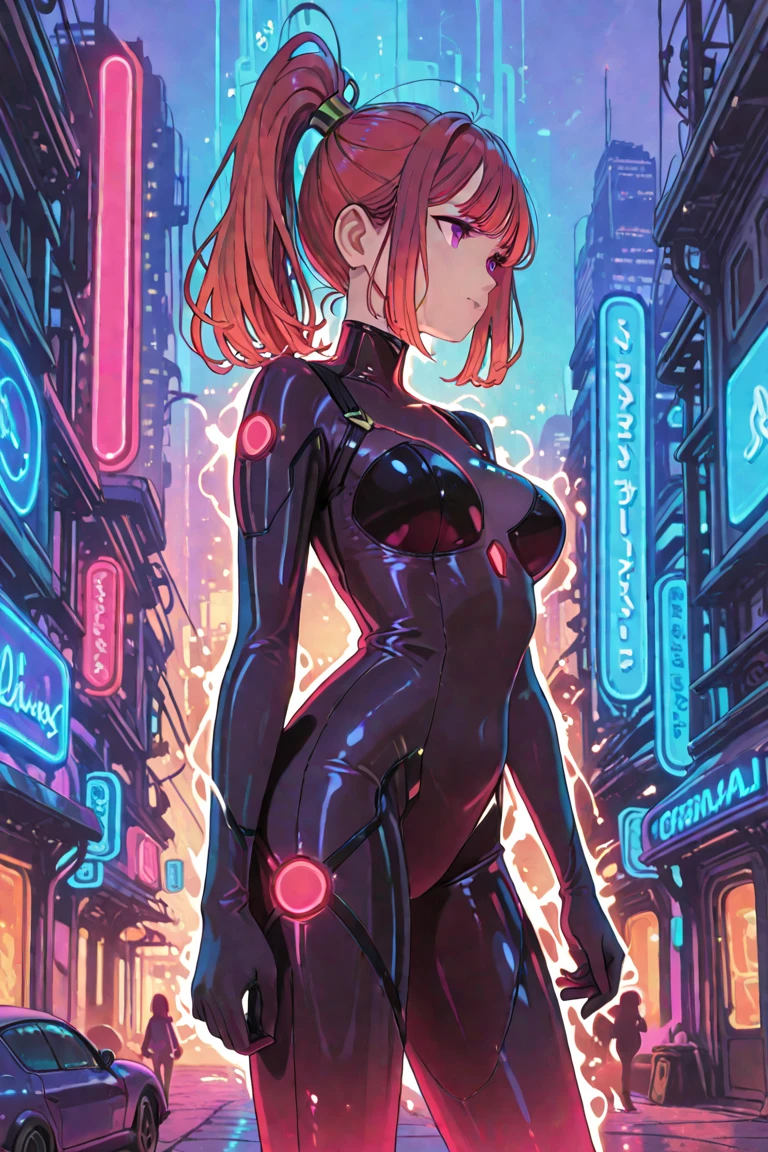 Color Portrait of a young girl, very sexy, modern style, comic book, cyberpunk, future, color fill, rich colors. Very graceful, standing half-turned, sporty posture, looking at the viewer. Tattoos on the body, fashionable short dresses, devices on the body. 2_The background depicts a majestic city of the future, an evening city, lights, illumination, and robots. 3_High image quality, 4K | Ultra HD | Full HD, cinematic comic book, 3D visualization_in comic book style - linear stroke, color fill, high-quality stroke - a masterpiece, TOP computer graphics ART. 8K, dark lighting, heavy shading. (vivid, anime, comic, creative, sharp focus, 8K). High detail of the drawing, lines, high-quality background (shades of cool tones, red, warm highlights, side lighting), Architecture, cyberpunk, futurism. Film grains, dust, and particles in the air.