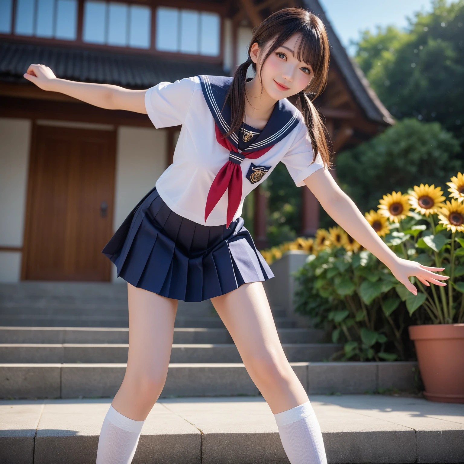 There are two girls in uniform dancing in a parade, kawaii playful pose of a dancer, anime pose, Japan school uniform, wearing japanese school uniform, Anime girl cosplay, japanese girl school uniform, the anime girl is crouching, perfect dynamic pose, of a schoolgirl posing, Young Gravure Idol, pretty face with arms and legs, real life anime girl
