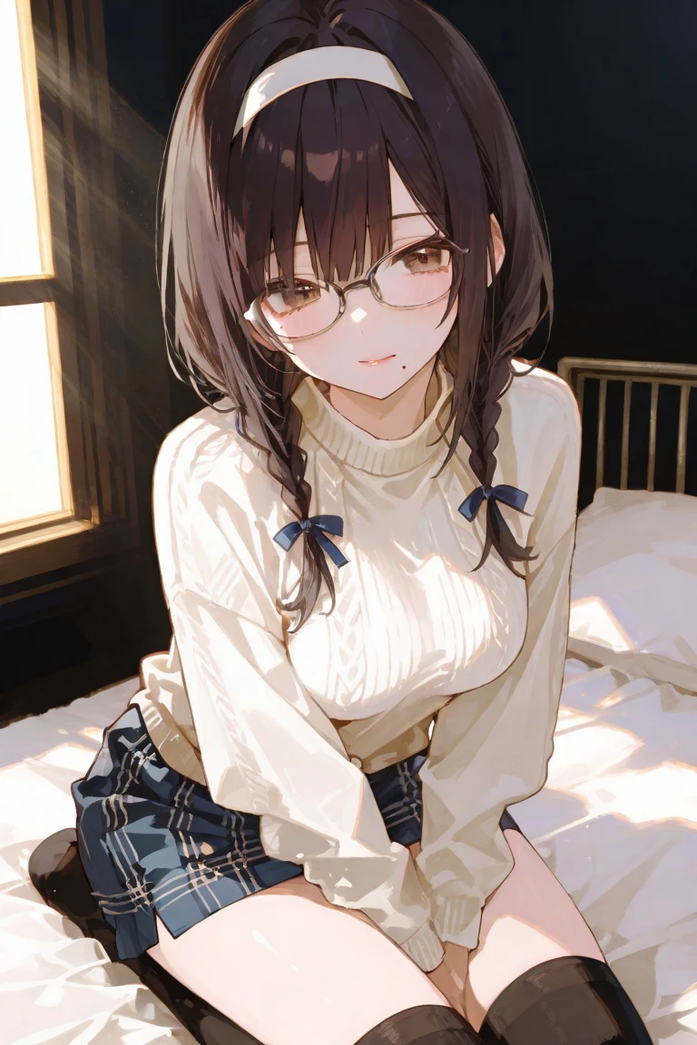 Korean Asian woman wearing glasses,Neckband gaming headphones,sitting on the bed, have glasses, Korean girl, แว่นตาthick, 18 years old., 22 years old, thick, 21 years old, beautiful Asian girl, Asian girl, เด็กสาวและcute, have glasses on, phenomenon, cute, big glass, สาวแมวcuteมาก...,Japanese school uniform,braid,red hair,smooth