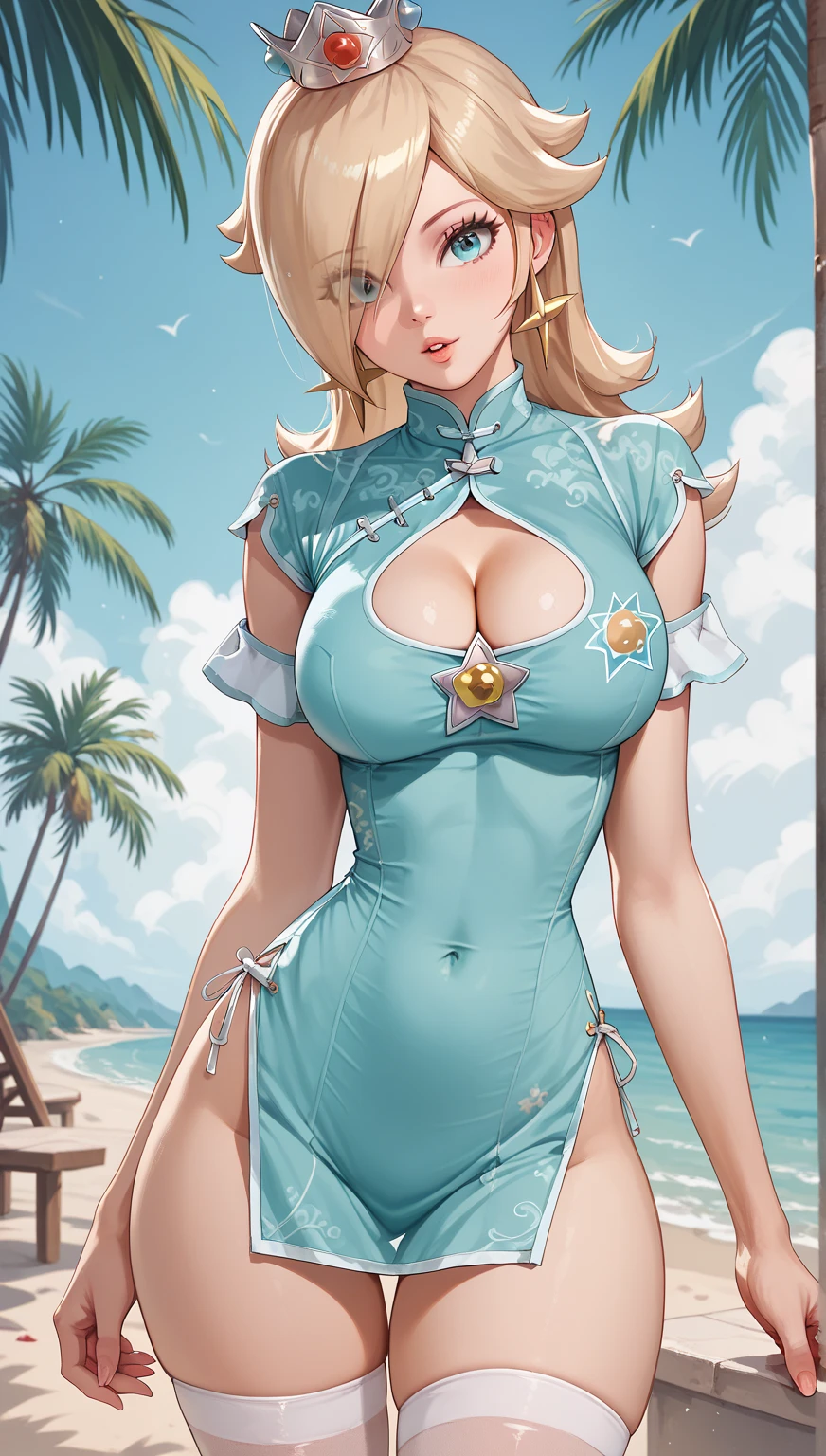 Gigi have a blonde bob haircut. She wears heavy seafoam eyeshadow and pink lipstick. She also has a beauty mark on her left cheek. Gigi's initial clothing is the Beaded Tank. She also wears gloves and footwear. SPARKLE; GLITTER