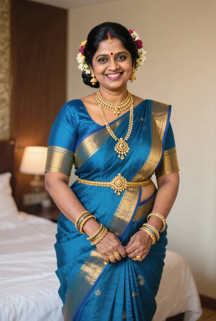 there are two people sitting on a bench with flowers, blue colored traditional wear, edited in photoshop, dressed in a sari, wearing a sari, wearing sari, wedding photo, sari, photo taken in 2 0 2 0, inspired by T. K. Padmini, with lovely look, colored photo, candid photograph, by T. K. Padmini