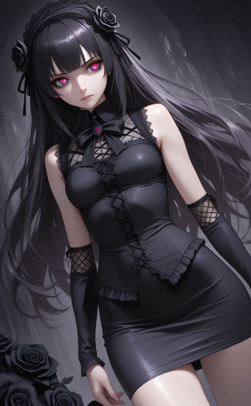 (high quality, 8k, 4K, high contrast, artwork:1.2, high quality, best aesthetics), (centered), ((1 woman)), erotic, sensual, mature body, perfect wide body, super detailed, beautiful face detailed, beautiful eyes detailed, detailed beautiful mouth, (long wavy black hair), (blue eyes), (pretty freckles on cheeks), (black eyeliner), (black eyeshadow), (black lipstick), (gothic makeup), (calm expression), (standing), (straight body posture), (wearing a simple plain black sleeveless dress with a short ruffled skirt), (simple background), (black gloves), (black thigh-high stockings), (bunny ears)