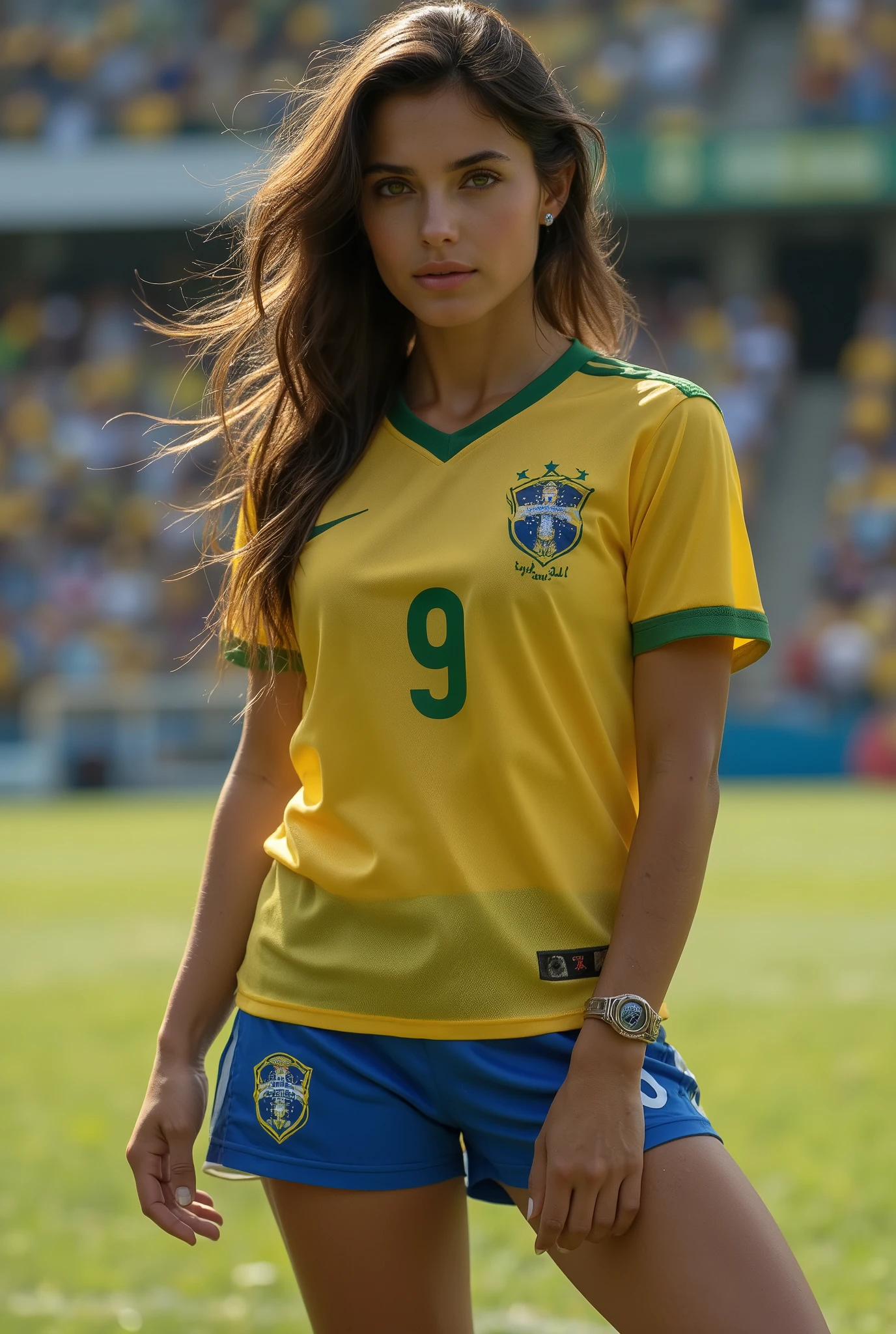 Araffe woman in yellow shirt and shorts standing in front of a soccer field, in the world cup, Colombian, Colombia, 🇨🇴, valentine shuffle, 30 year old Cuban woman., her navel is exposed, nina agdal, fernanda suarez, beautiful lady, in the countryside, Carolina Gariba, Instagram Template