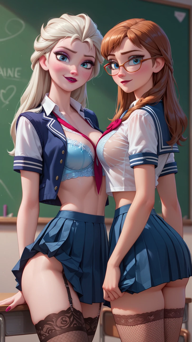 Elegant mature woman, beautiful, 2girl, two girl ,long hair,mature female,makeup,eyelashes,blush, lipstick, masterpiece, best quality, highly detailed, a anime girls in sailor uniforms with a gun posing for a picture,
evil smile, smile, open mouth,black_serafuku, ecchi anime style, anime girls , (nsfw) not safe for work,
ecchi style, ecchi, shipgirls, digital anime art!!, high school girls, holding a gun, hold a gun, anime style 4
k, micro skirt, exposed belly, exposed navel, exposed midriff,
exposed lower belly,school, classroom, navel piercing
, seductive smile, inviting expression, suggestive