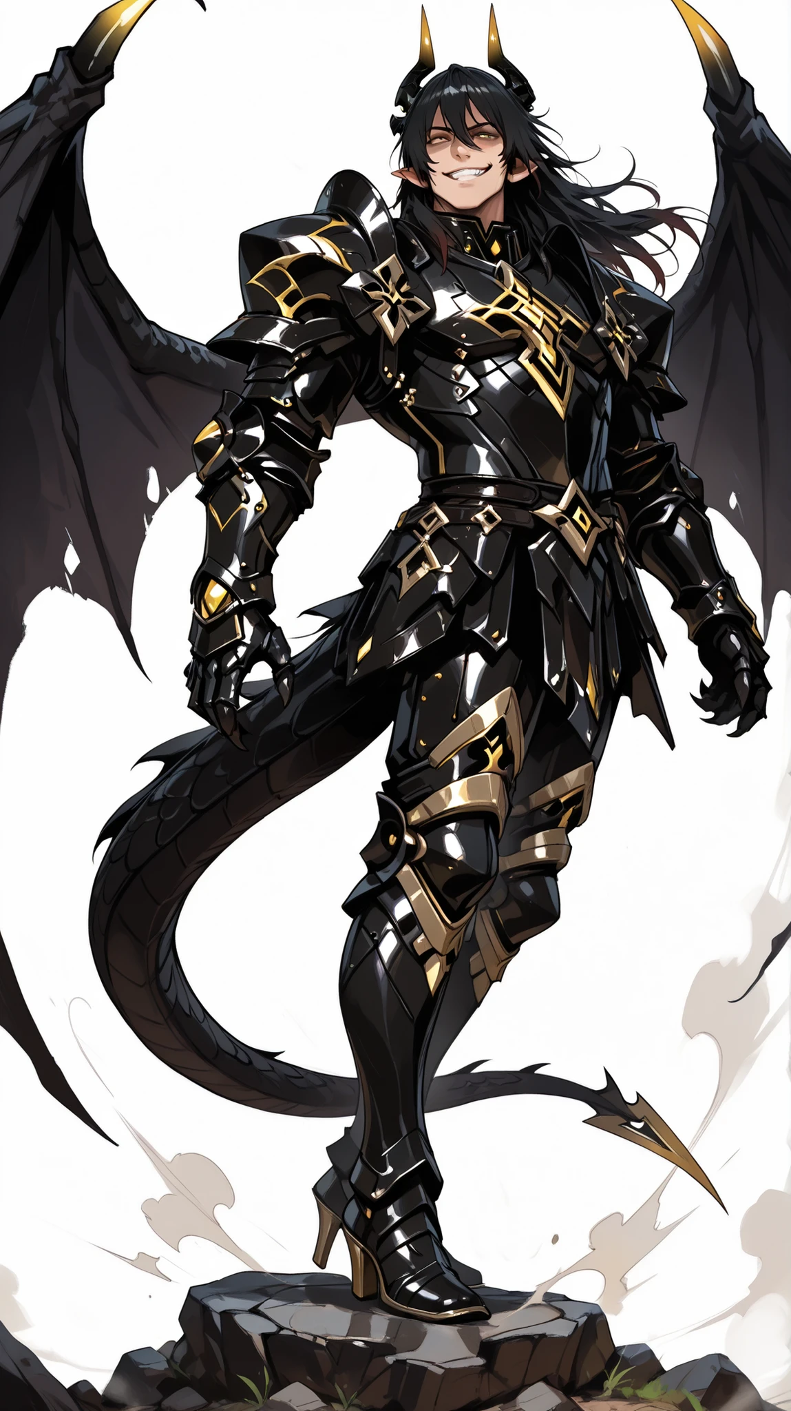 score_9, score_8_up, score_7_up, absurdres, 128K Ultra High Resolution, (masterpiece, best quality: 1. 5), high definition, highres, 8K wallpaper, CG, (((Anime))), (1 male), solo, lean body, (masculine), (floating in the air), weredragon, japanese anime style, glossy black, shiny black leather, ((beautiful golden eyes, finely detailed eyes, bright eyes, vertical iris)), hair between eyes, black hair, long hair, sideburns, wild hair, unkempt hair, (sly grin, smirk, evil smile), teeth, confident, ((ultra detailed face)), shiny skin, long pointy ears, twisted torso, long-legged, sculpted face, wasp waist, dragon horn, dragon tail, dragon wings, dragon sharp claws, (black armor with a lot of grandiose decorations), half dragon half human, dramatic angle, (dynamic pose, combat pose: 1. 5), ((ultra detailed black armor)), black armor with gold accent, all black outfit, full body, emphasize face, focused expression, sharp focus, good-looking man, well-polished black armor, (best illustration), cinematic, dramatic lighting, (intricate detail, extreme detailed, super detailed: 1. 5), ((highly detailed artwork)), dramatic shadows, tenebrism, wonderful pose, chiseled features, stark contrast, heavy shadows, detailed black decorations, beautiful and aesthetic, photoreal, from side, (mysteriously crafted black metal armor: 1. 5), sparkling accessories, thick and luxuriant hair, ((ultra detailed fantasy black armor)), dressed in black, broad shoulder, true-to-life visuals, artistically refined, dramatic contrasts, ((extremely delicate and beautiful armor, elaborate armor details)), ((dark armor, stylized armor)), exquisite goldwork, wonderful black armor, armor with intricate engravings, ((armor-type high heels)), ((detailed shoulder armor with intricate engravings, gold accent black armor)), very gorgeous and dazzling, ((dark fantasy black knight)), slim waistlines, wide chested, sinewy body, (((Hyper Detailed & Perfectly Designed Black Armor))), (simple white background), windy
