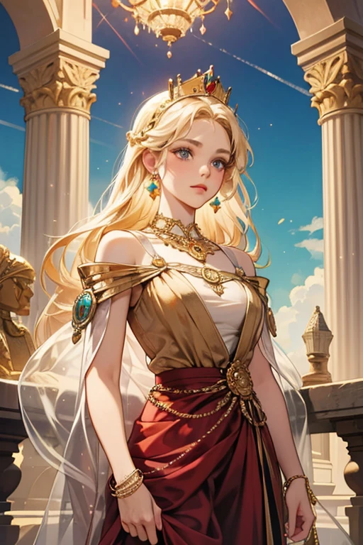 8k, the best quality, masterpiece, highly detailed, semi realistic, 1 girl, young female, 19 years old, with golden long hair and right eye covered by bangs, blue right eye, jewelry crown, palace style white and gold short skirts, slim figure, archery, holding a bow, archery,