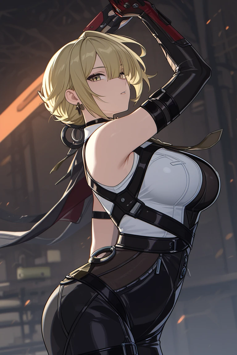 ((Girl with protruding ribs:1.4))、Raising his arms、Sexy pose、bra、(flat chest:1.3),(skinny body:1.3)、Blushing、To blush、Thick eyes、((痩せている:1.3))、white hair, long hair, hair over one eye、messy hair, Miniskirt, Harness , Angles, Feathers, short wavy hair, bangs, (black eyes:1.5), blunt bangs, orange hair, bob cut)), small earrings, sharp eyes, choker, (large breasts: 1.2), cleavage, light smile, (black crop top, thin material, jean shorts), open waist, (symmetry eyes), (perfect symmetrical body), night, (((natural light))), backlighting, against grey wall, look at viewer, (((centered shot, from front, face and waist))),