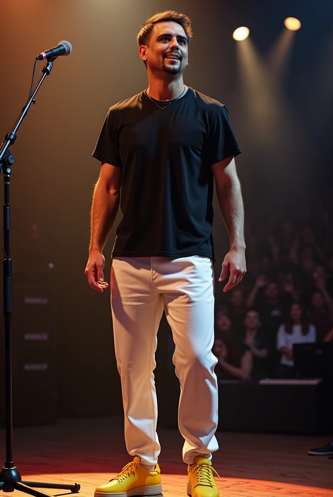 A middle-aged man sings on stage with headphones on，Asian people，Strong body，bellyfat，40-year-old middle-aged man，uncle, China，male people，he is about 40 years old，Rough and handsome looks，musculature，Oversized muscles，Oversized pectoral muscles，Big waist round，detailedbackground，underwear，Black socks, vred, scowling, Best quality, Masterpiece，（Tattooed with：1.5），（musculous：1.5），（Obese：1.5），（Gray hair：1.5 ），（Gray body hair：1.5），（Skin Wrinkles：1.5），（gloss on the skin：0.5）