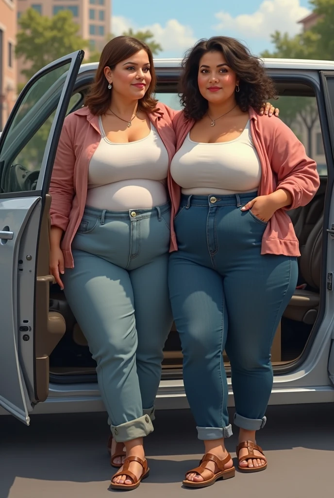 Quadruplets,Smiling fat woman ((best quality)), ((masterpiece)), (detailed), Perfect face, Wearing a green loose sweatshirt and short skirt, The other was wearing a red loose plaid shirt and jeans, Thin waist and thick hips, Soft curves, hyperPractical full figure, Wearing a cute top, Long legs,,thickness, Beautiful plump woman, Four curvy female targets,Clear curve details, Curvy hourglass figure, Charming plus size models, bbw酱, full image, Surface Model, Curvy body, (full-body shot)blush, 1girll fat , Golden Ratio,(White and tender skin:),High quality background, HD, Practical, HDR. pedestrian mall,Skin as white as paper,High heel,Supercar,Auto Show