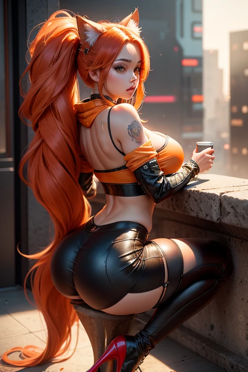 mother, Masterpiece, Best quality, ultra detailed, Beautiful lighting, 1 girl, Orange hair, cat ear, Green eyes, freckles, turtleneck top, I&#39;m looking at the viewer, detailed black stockings with belt, juicy ass

