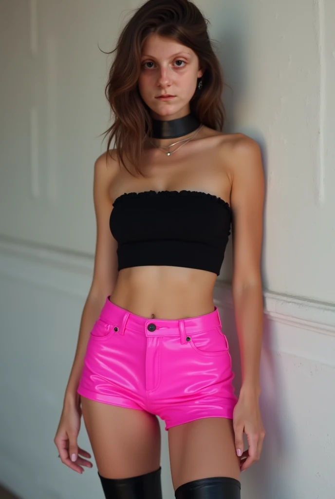 Beautiful slim small young girl with white skin short pink hair, cintura delgada , wearing tight black leather lingerie, chupando un pene con la boca