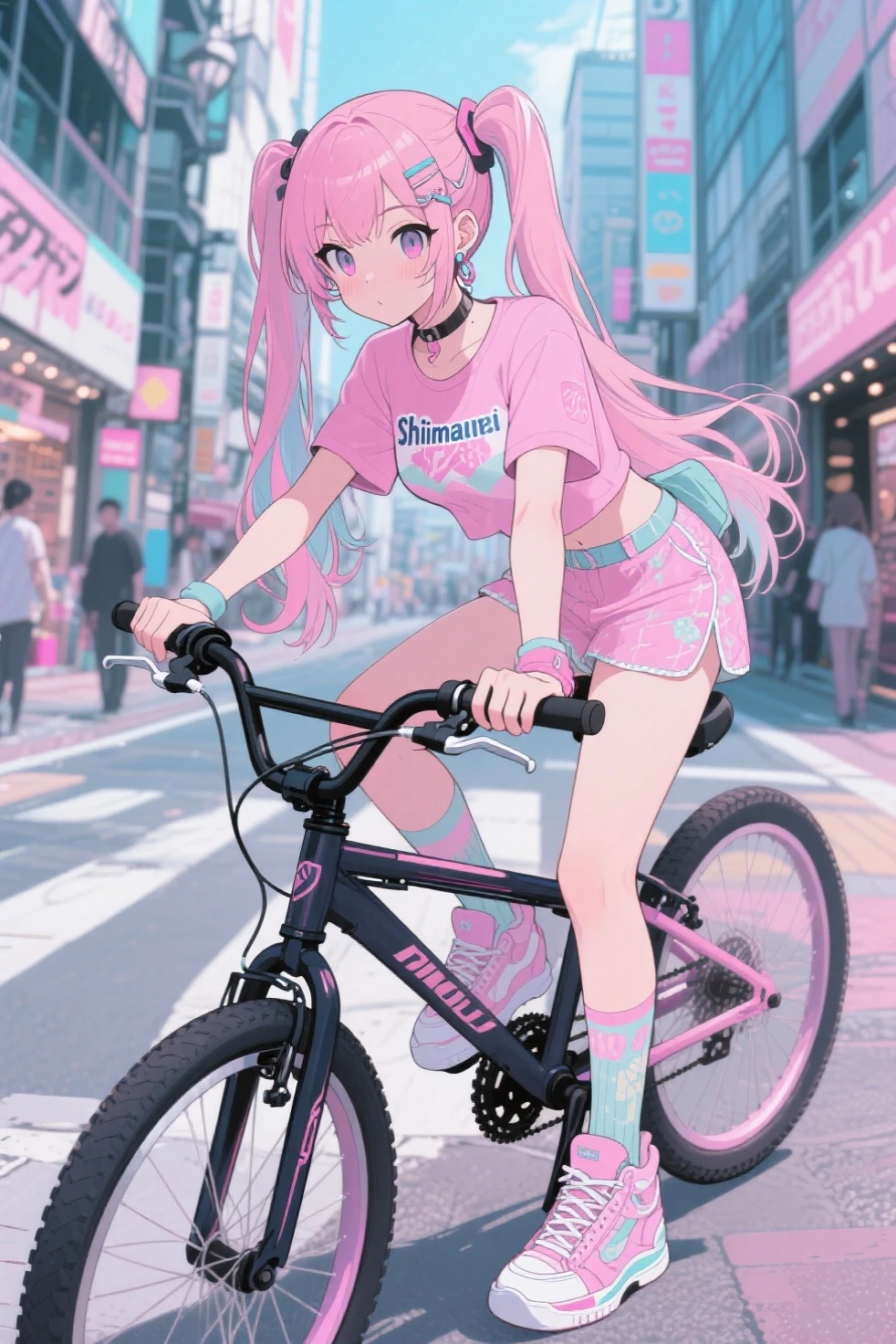 Today's challenge theme：close up, anime art, sexy shorts, doing acrobats, Riding a Bicycle
