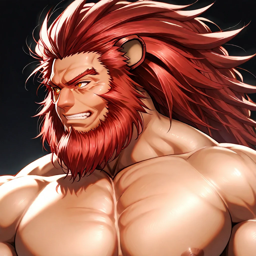 muscle, male, (lion head:1.0), furry, kemono, photo, realism, cgi, (fighting pose:1.2), tekken, eye glow, (sweat:1.3), dirt, nipple, red hair, (baki:1.2), blood splatter, purple eye, teeth, (steam:1.0),