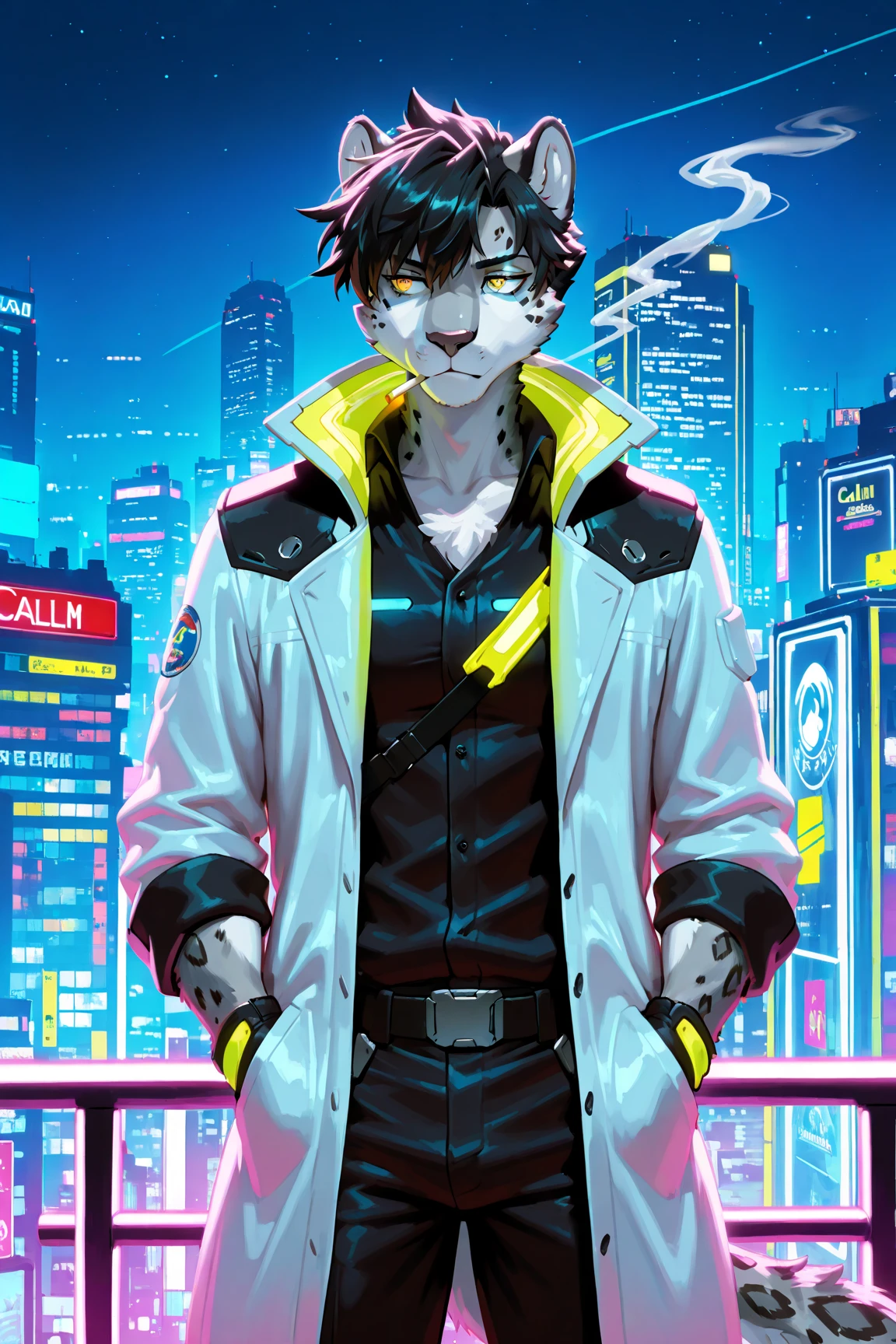 Kemono, Male, Furry, Anthropomorphic snow leopard, Athletically-fit, Masculine male, Short black hair, Calm face, vibrant yellow eye's, wearing a cyberpunk duster coat, wearing black leather gloves, cyberpunk-style clothing, night time, smoking 1 cigarette with faint smoke coming from the tip, the moon in the night time sky, background: cyberpunk city