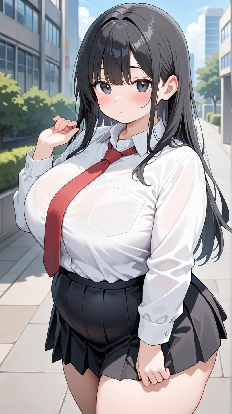 A short girl with huge breasts lifts her skirt to show off her plump thighs and glares at me angrily.