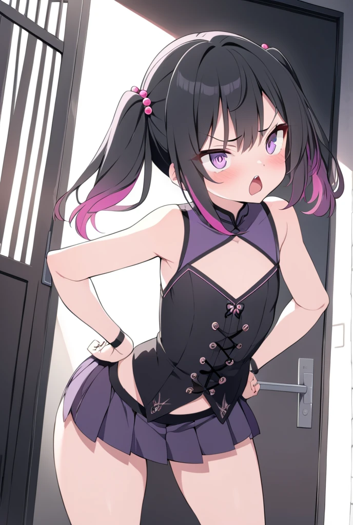NFSW, masterpiece, best quality, highres, Matoba Risa, 1girl, solo, busty, small breasts, black hair, twintail, no-bra, short skirt, looking at viewer, full body, standing, simple background, (erotic pose:1.4), blush, flustered, perfect eyes, (vagina exposed:1.3), ((arms behind head, double armpits, standing)), Half body, upper body, In the middle, symmetrical, showing breast, nipple, lewd, sexy, horny