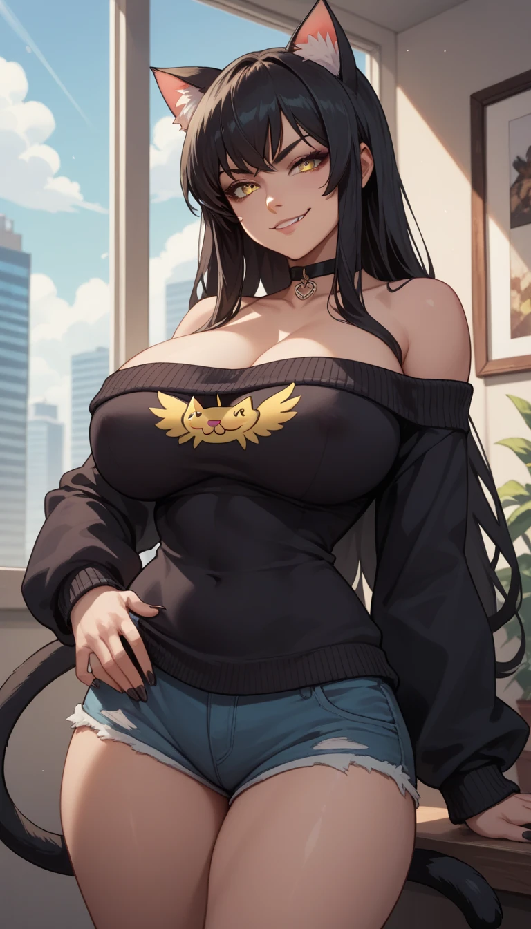 (best quality:1.5, highres, UHD, 4K, detailed lighting, shaders), black wavy hair, gradient hair, cat ears, large breasts,long coat, big butt, big thighs, mature woman , (pov), white background, colorful eyeshadow, dramatic lighting, sparkling eyes,sensual smile, sensual expression, golden earrings, flowing hair, delicate facial features, soft skin, high cheekbones, urban setting, white background,