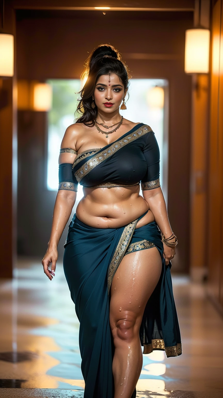 ((slightly far away shot)), a woman standing, image of a stunningly beautiful woman, messy grey ponytail hairstyle, ((Beautiful Indian Woman, wearing hot saree, sari Beauty, gorgeous, Apsara, she is wearing saaree top and saree bottoms, no extra clothing, Asian chic, huge body mommy MILF)), flat black background, top lighting effect (((huge body, huge breasts, huge waist, huge bodyy)))