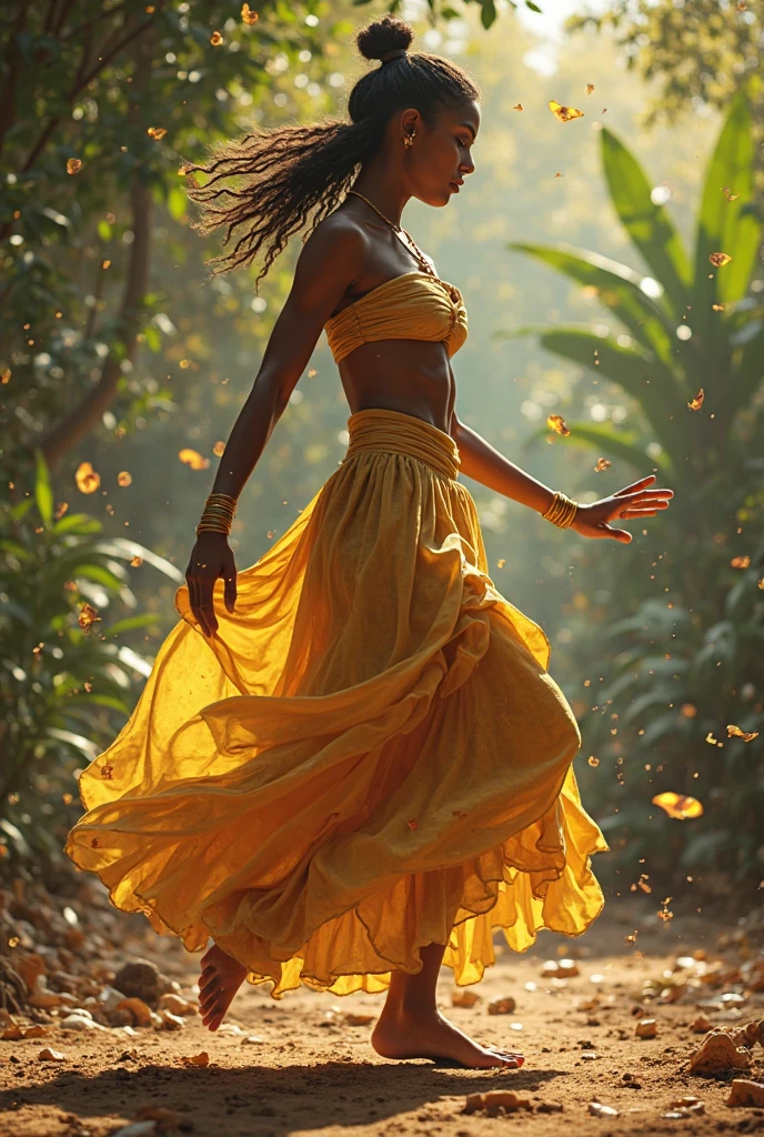 a black woman dressed in gold, danced surrounded by beautiful flowers and butterflies as well as bubbles; she has long hair around her, There are beautiful plants in harmony with very bright colors