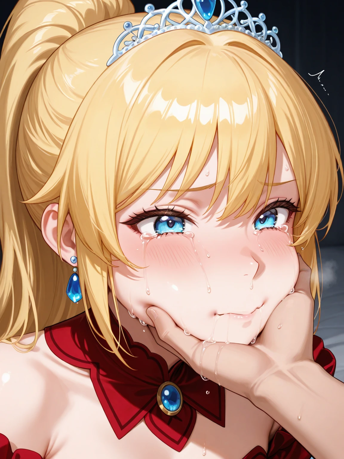 (masterpiece, highres, best quality, vivid, dynamic light:1.2), (closeup dynamic angle face shot:1.3), solo:1.5, mature woman, (happy moan tear eyes face:1.5), , huge heavy wide clean breast cleavage:1.3,  yellow hair, curvy, thick, nude:1.5, shiny clean skin,
