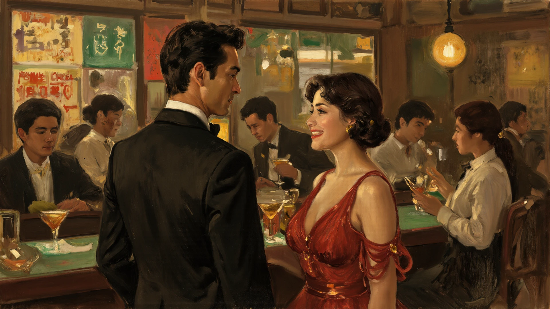 A painting of a young couple having a drink happily facing each other at a very smoky Parisian bar table, Then Martin, Then Martin artwork portrait, diner scene, film noir jazz bar, drawn in a neo - noir style, neo - noir style, Neo-Noir Setting, neo noir style, inspired by f.. scott hess, Thomas Dalziel, film noir realistic, inspired by f. scott hess