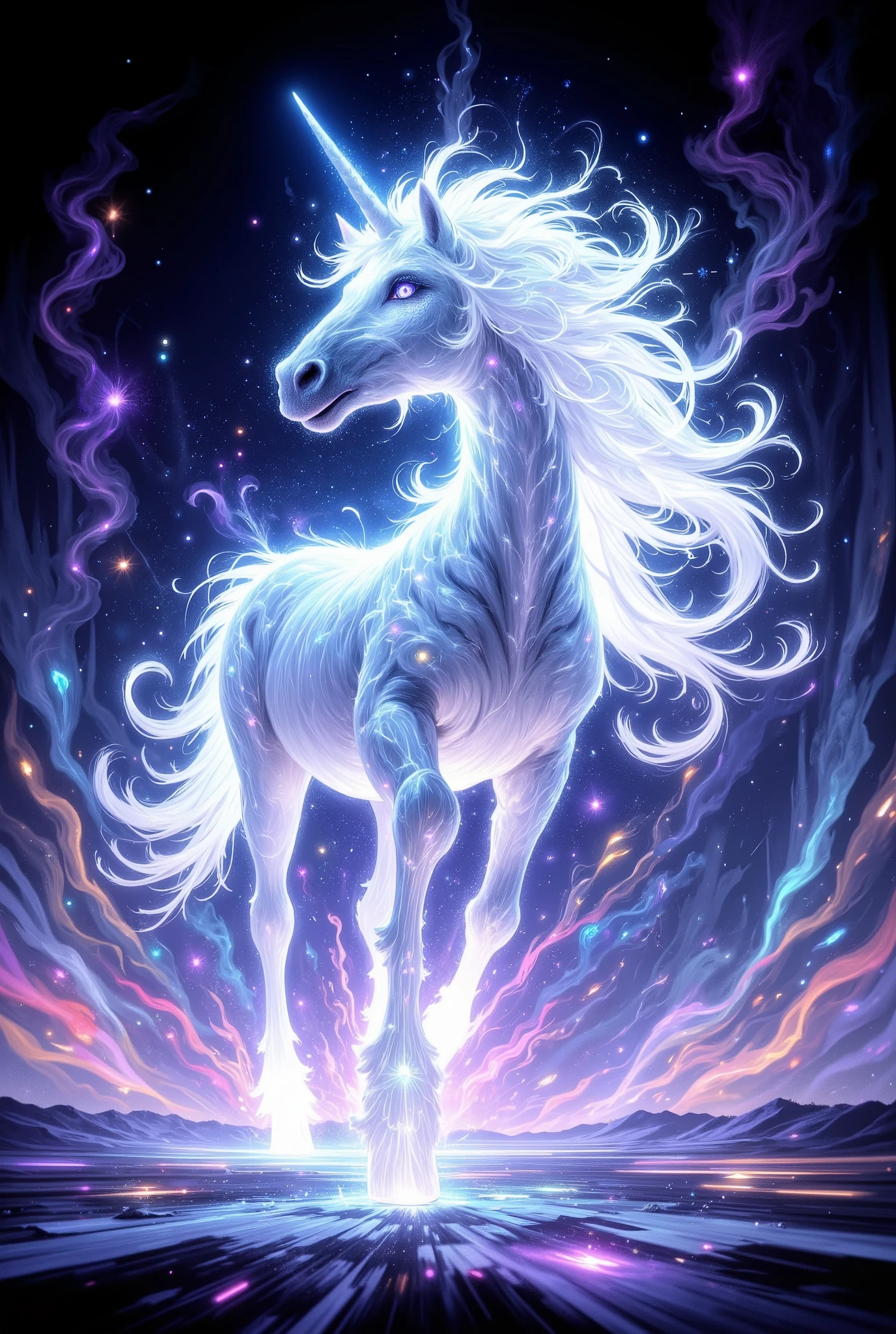 A white unicorn with white hair and blue eyes runs. high angle close-up shot :1.6, A beautiful illumination unicorn without substance, drawn with the lines of a multicolored light-emitting diode, Illumination glow line art, sharp line illumination, dynamic shot, aidmafluxpro1.1, M4gicalL1nes, digital illustration, 