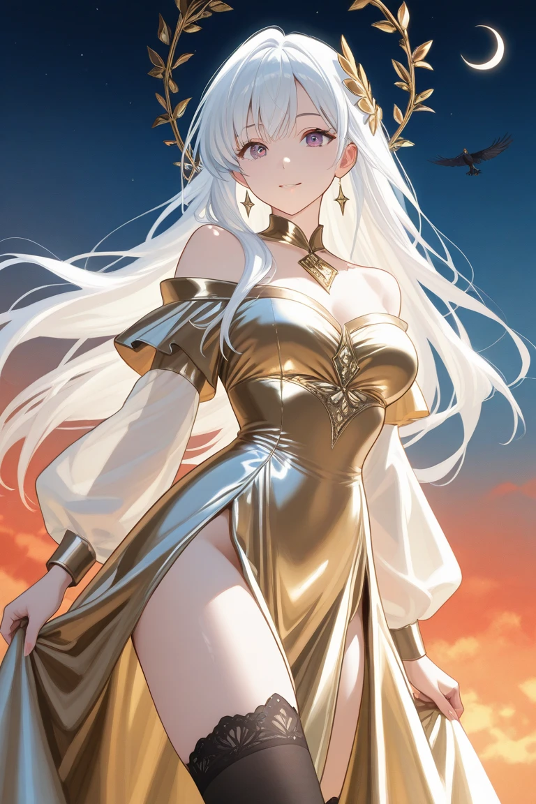 white hair, blue eyes, long hair, red gown, navel, cleavage, medium breast, slim legs, sunny day