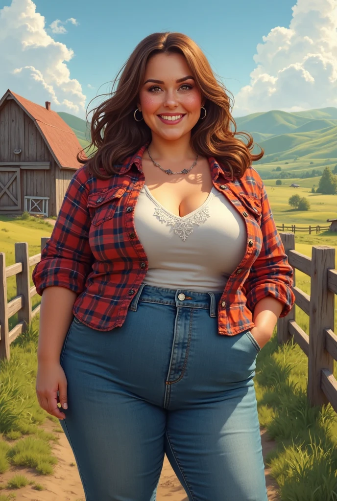 Highest quality picture, Big fat farm girl, long hair, baseball cap, working in the farm, big lips, bbw, overweight, red flannel shirt, low waist denim shorts, flashing protruding belly, countryside