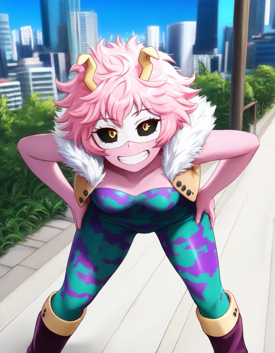 masterpiece, best quality, high resolution, solo, 1girl, giantess, ashidomina, short hair, horns, (color sclera:1.1), (black sclera:1.2), pinkish skin, clavicle, bare shoulders, cleavage, fur trimmings , vest, jumpsuit, bodysuit, lying on her side, smiling, mouth open, in the city center, open environment