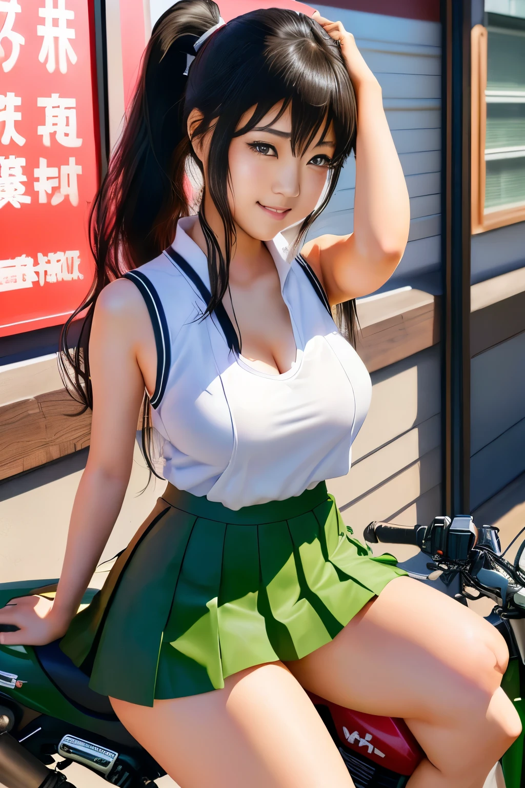 Photo shoot by a professional photographer、((White tank top, ((No bra))and an Asian woman in her younger generation wearing a green skirt)), Japanese Model, Beautiful Asian Girl, Young Sensual Gravure Idol, Young and skinny gravure idol, Real young gravure idol, Beautiful Japanese girl face, Beautiful Asian Woman, Elegant Japan Woman, Get on all fours, Photographed by a professional photographer from behind, masterpiece, anatomically correct, textured skin, high details, best quality, high details, textured skin, best quality, 8k, masterpiece